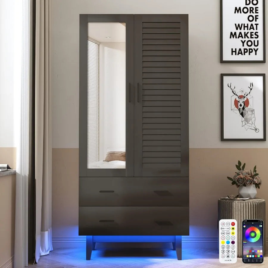 Black wardrobe with one mirrored door, one louvered door, two lower drawers, and blue RGB lighting beneath the raised base.