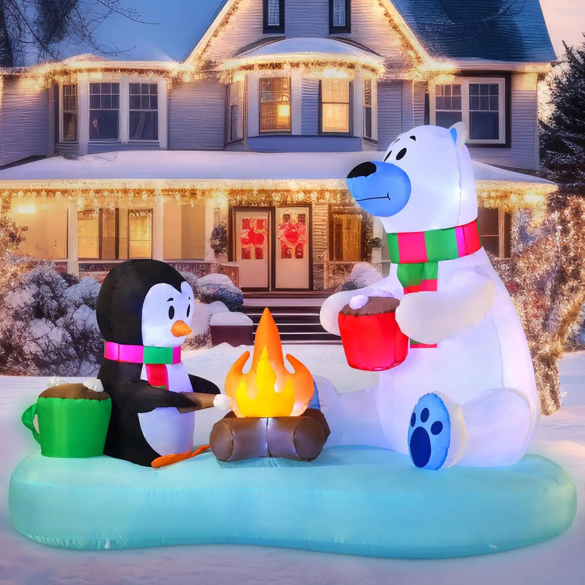 Cocoafrost polar bear and penguin with cocoa mugs gathered around a decorative campfire.