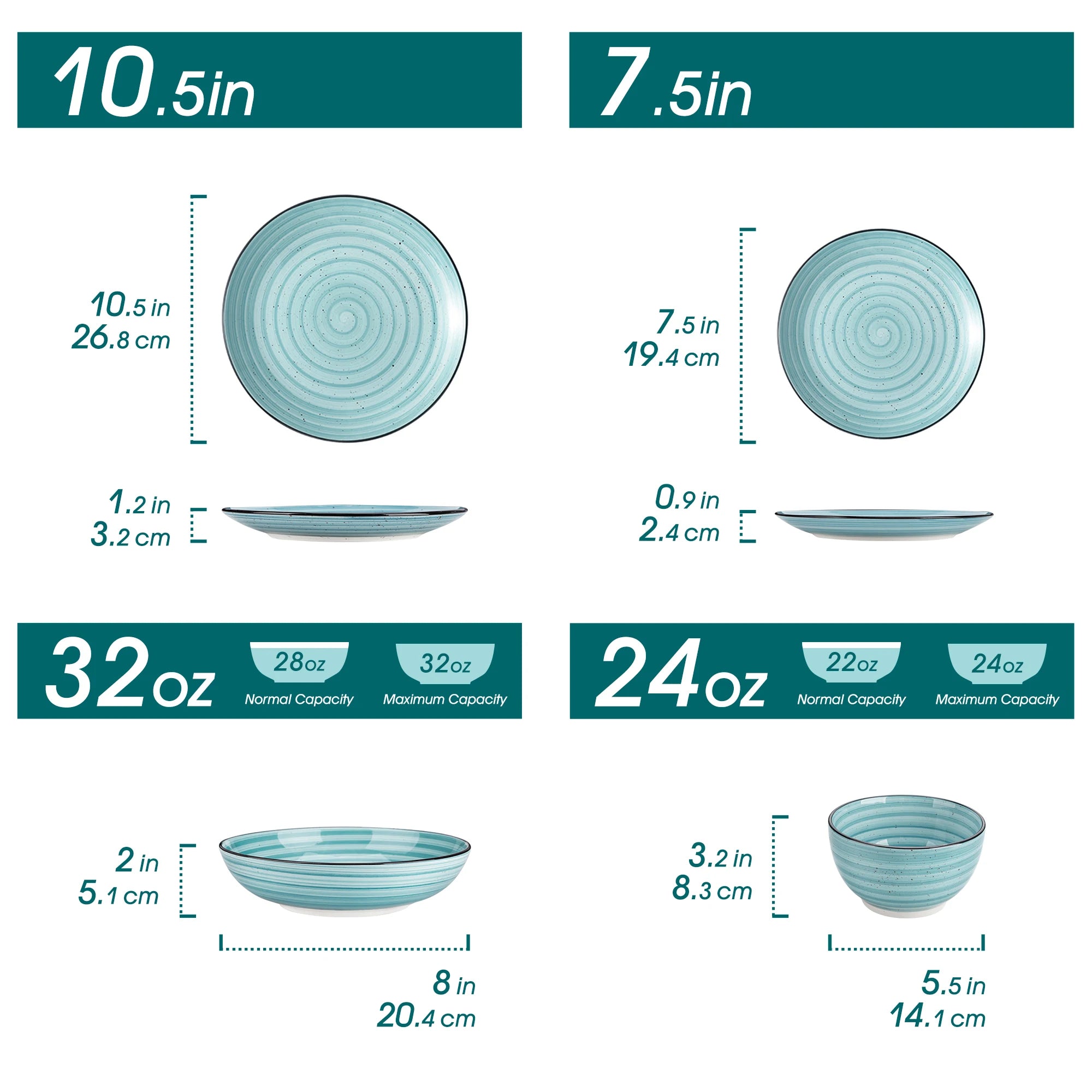 Comparison chart of two sizes of teal bowls with measurements and capacities.