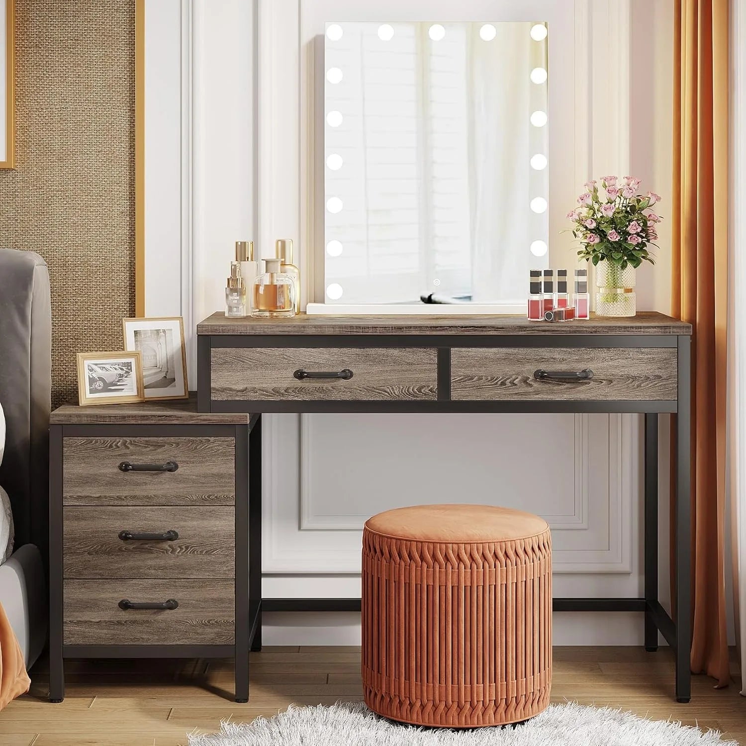 Rustic Industrial Vanity Desk with Drawer Storage