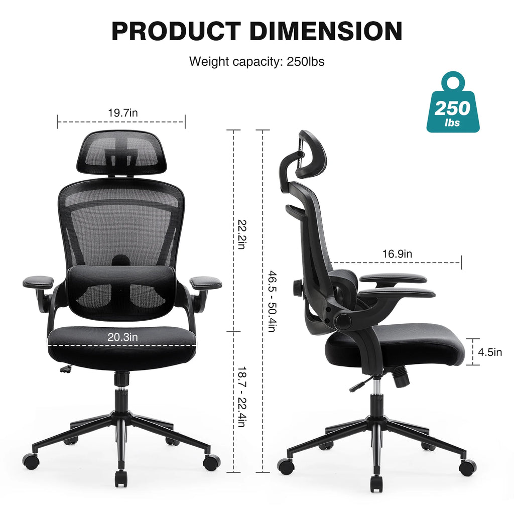 Black office chair with dimensions and weight capacity on a white background