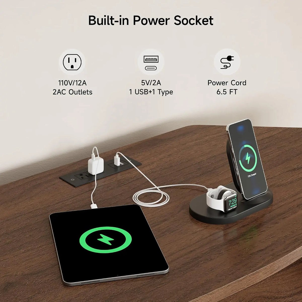 Doveveil TV stand power station with two AC outlets, USB-A and USB-C ports, and a 6.5-foot cord.