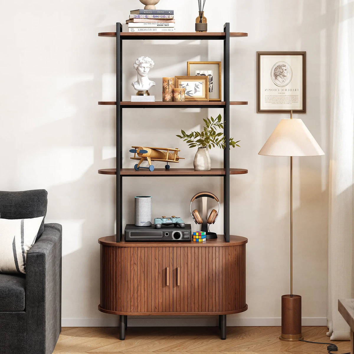 Walnut color variant of Fableecho with a black metal frame and fluted lower storage cabinet
