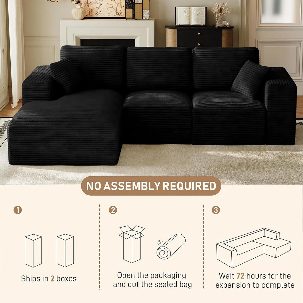 Linvere sectional unpacking graphic showing two cartons and 72-hour cushion recovery