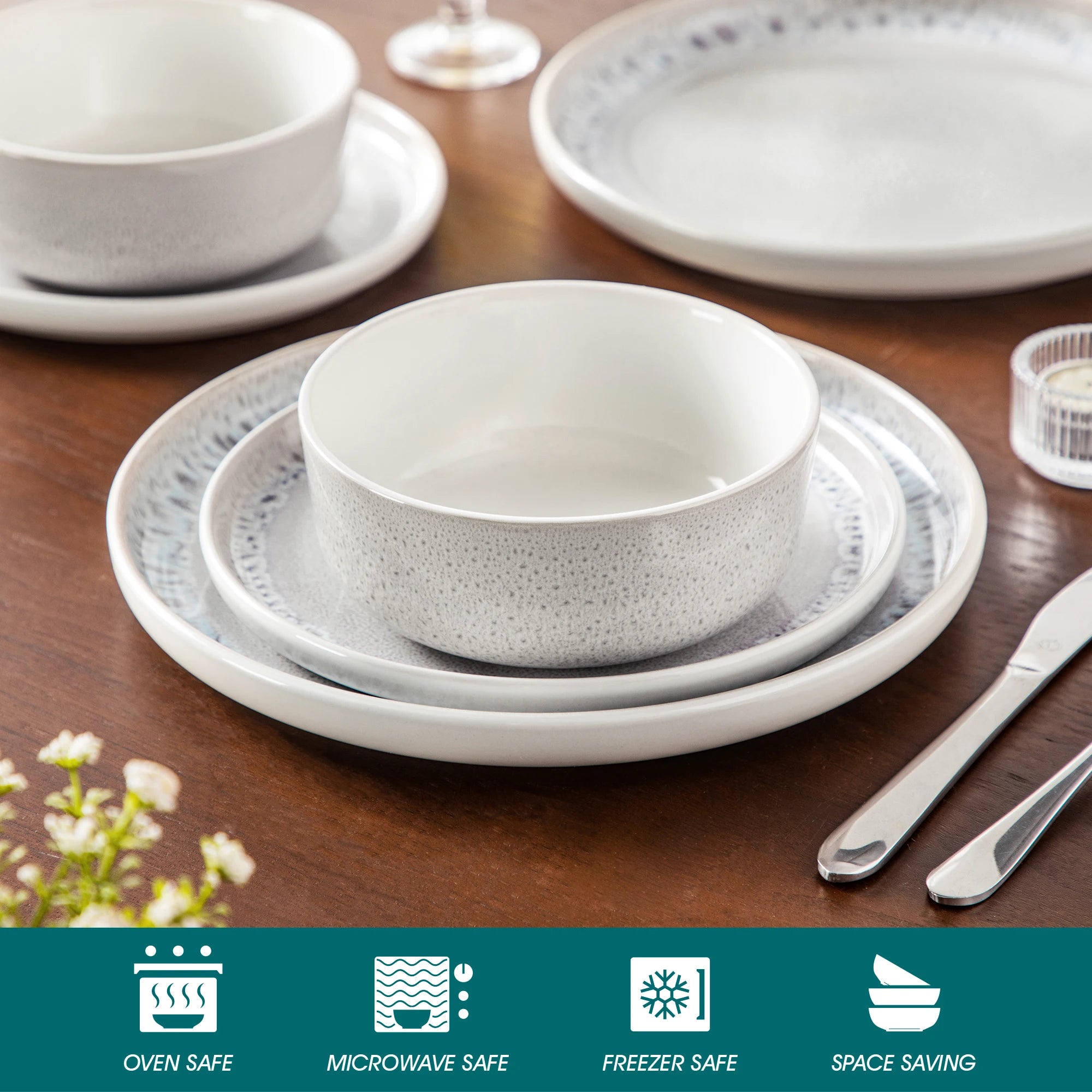 Vancasso SNOW Series Reactive Glaze Stoneware Dinnerware Set – Grey, 18 or 36 Pieces