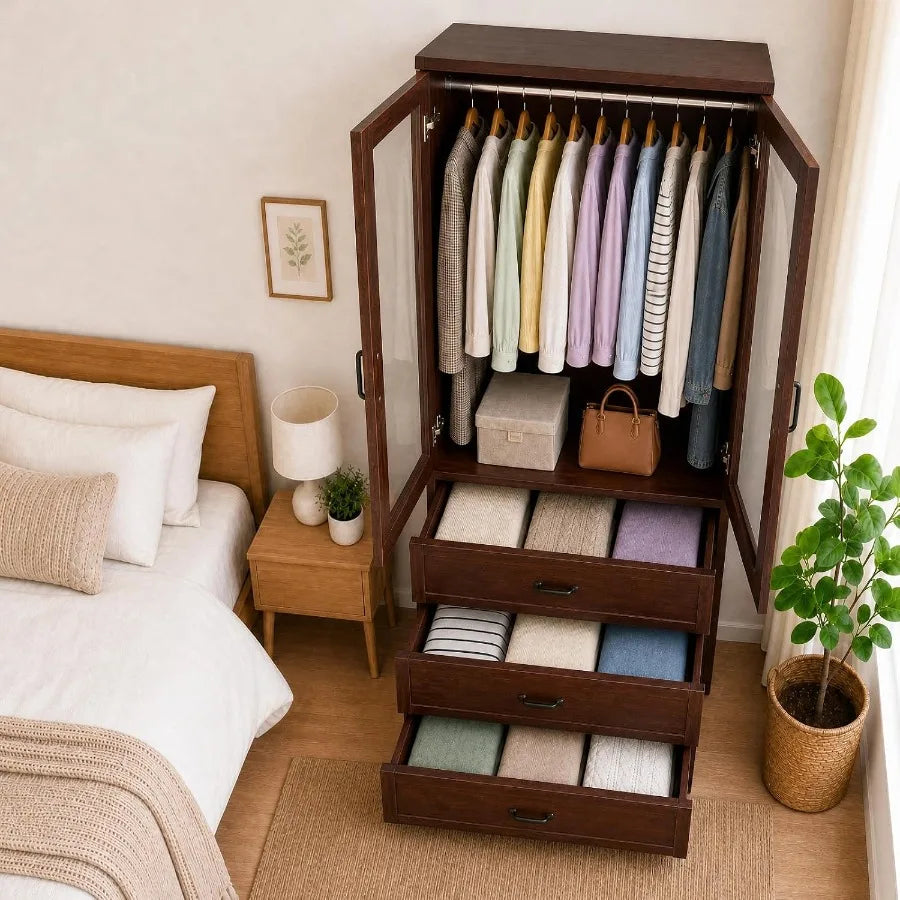 Overhead view of wardrobe hanging space and three open drawers