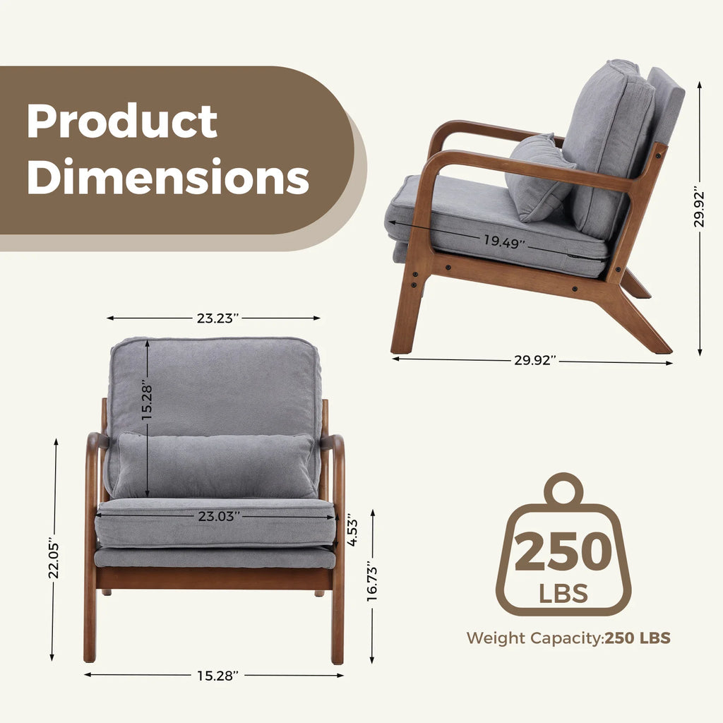 Dimensions and weight capacity of a gray armchair with wooden frame.