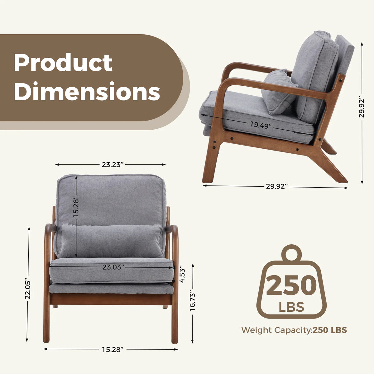 Dimensions and weight capacity of a gray armchair with wooden frame.