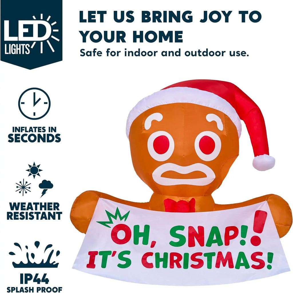 Gingerpeek window inflatable with Santa hat, red bow tie and lighting and setup feature callouts.