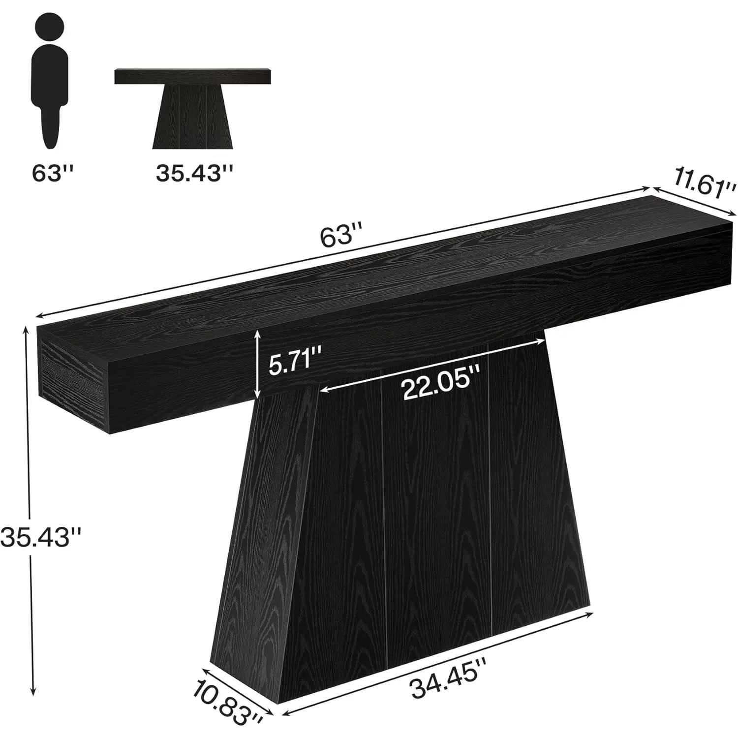 Black wooden bench with dimensions labeled on a white background