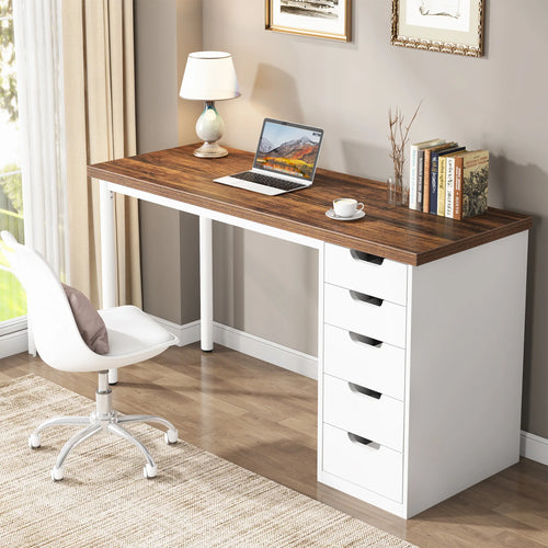 Auracrest rustic brown desk with white drawers and white chair near window