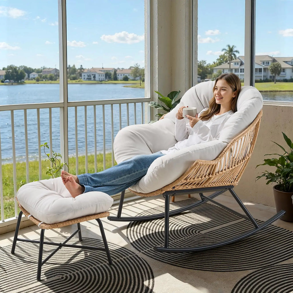 Harper Rattan Papasan Rocking Chair with Ottoman