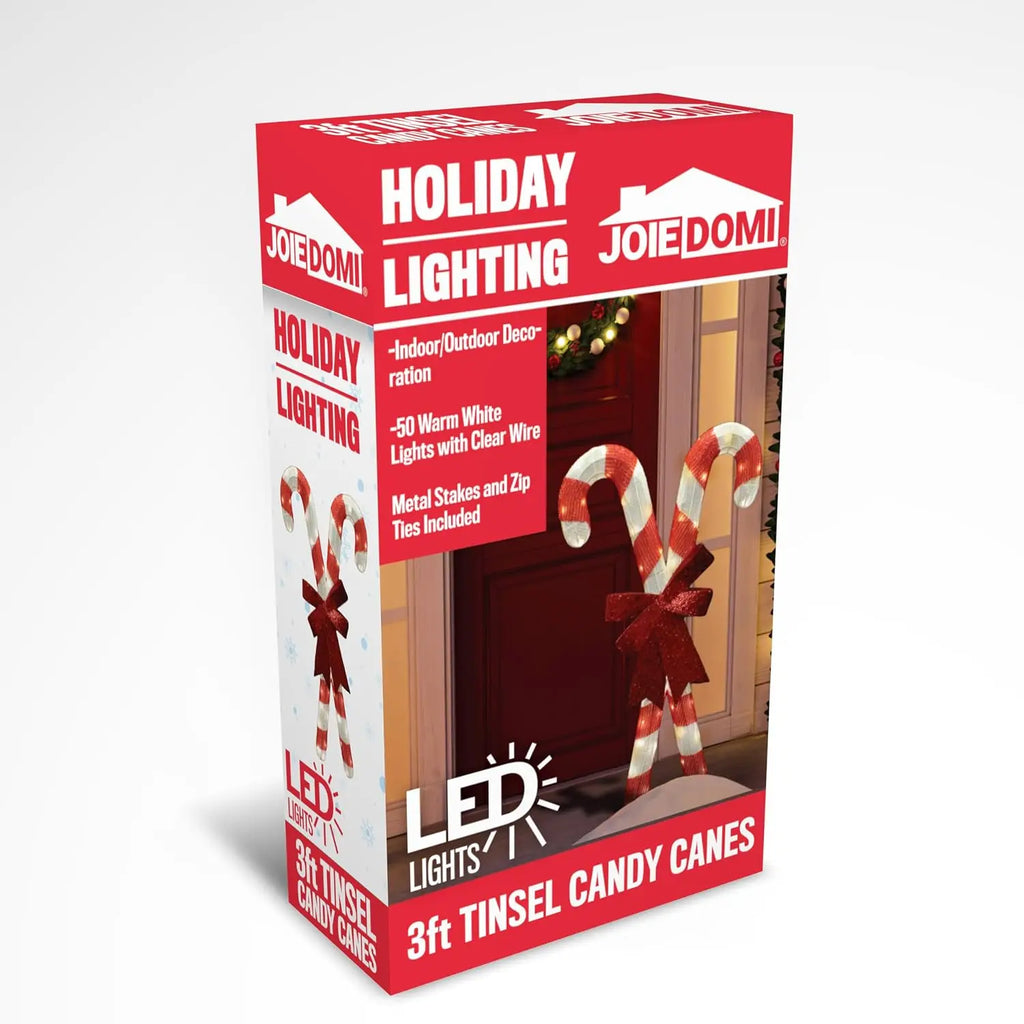 Joiedomi packaging for the crossed candy-cane decoration with 50 warm white LEDs and securing accessories.