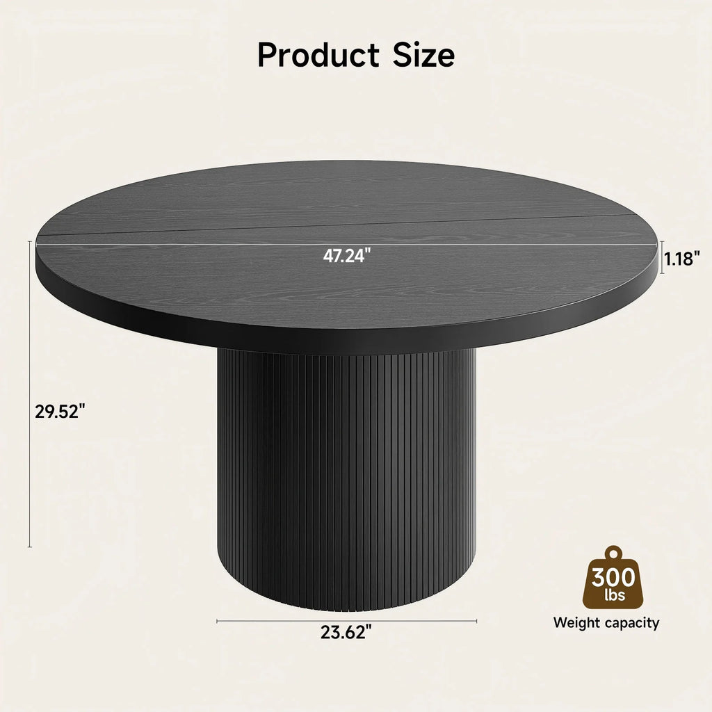 Duskwhisper dimensions showing 47.24-inch diameter, 29.52-inch height, 1.18-inch tabletop, 23.62-inch pedestal, and 300 lbs capacity