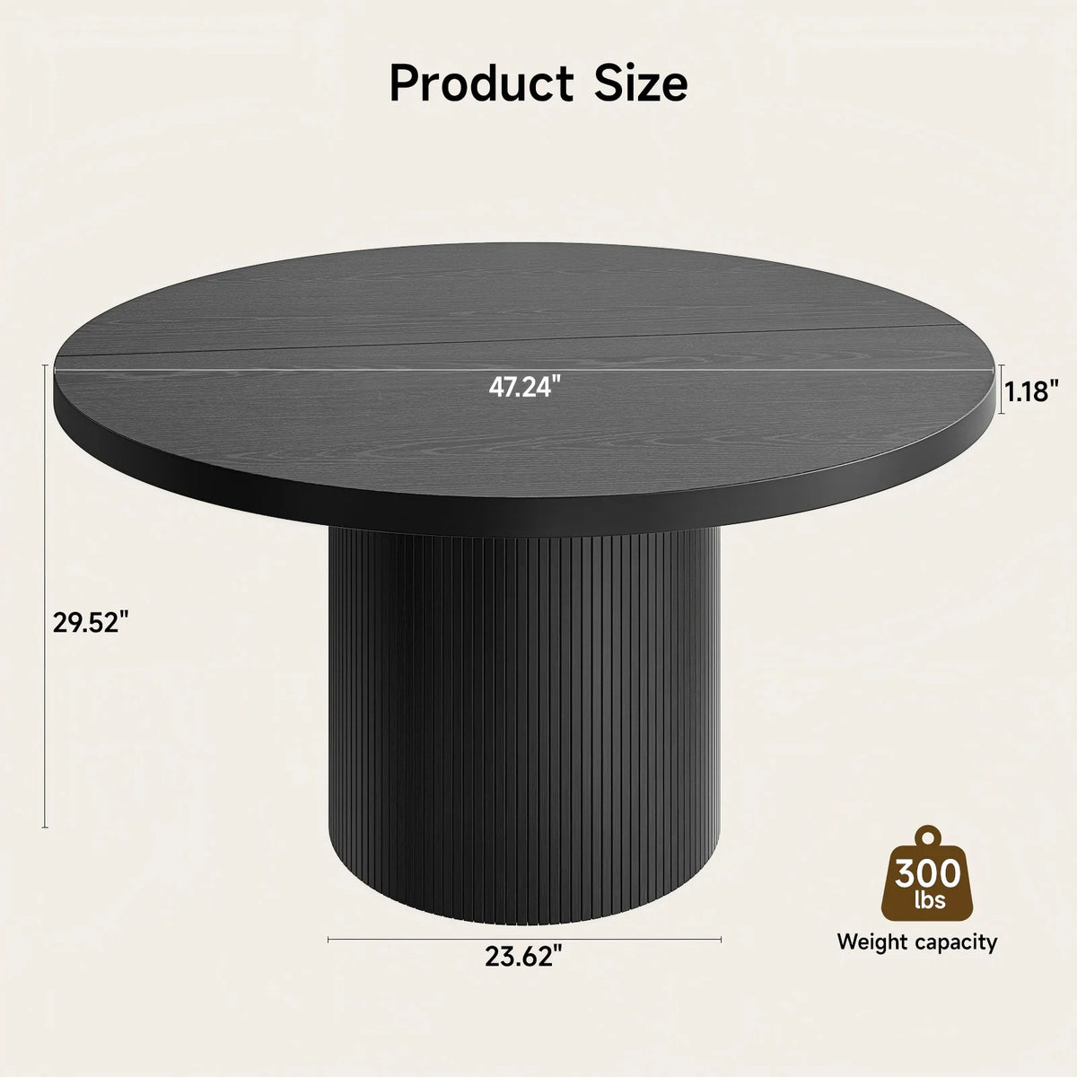 Duskwhisper dimensions showing 47.24-inch diameter, 29.52-inch height, 1.18-inch tabletop, 23.62-inch pedestal, and 300 lbs capacity