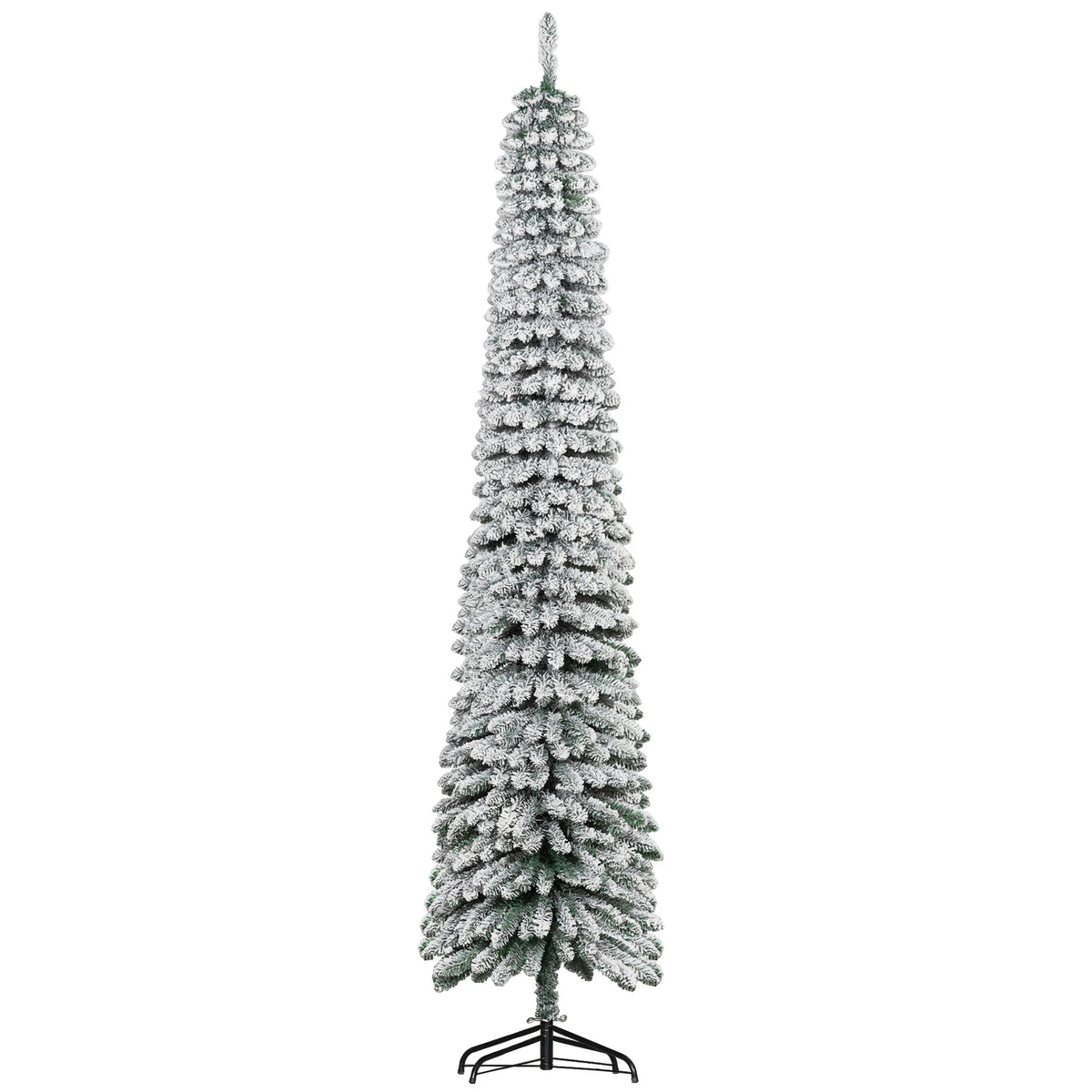 Frostneedle slim green snow-flocked pencil Christmas tree with metal stand