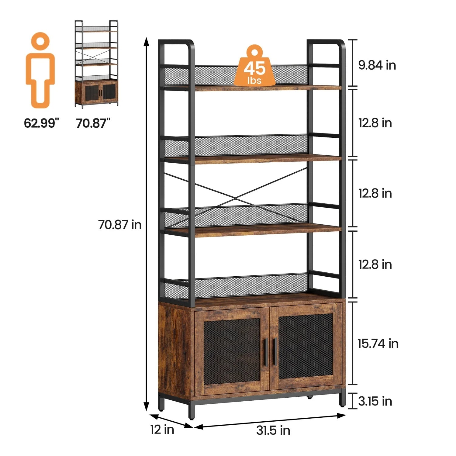 Industrial-style 5-shelf bookcase with a rustic brown wood finish and black metal frame, shown with dimension labels, weight icon, and height/width measurements on a white background.