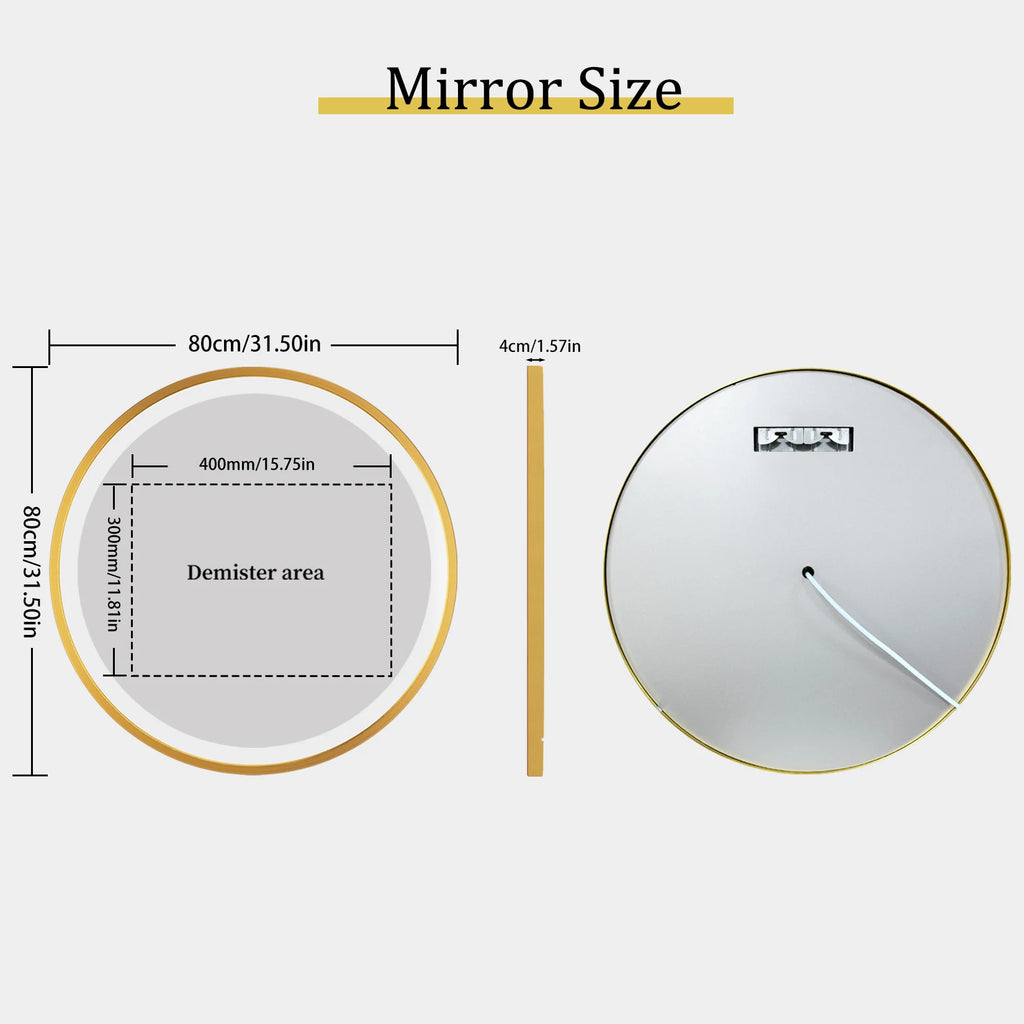 Round LED Bathroom Mirror – Gold Aluminum Frame, Anti-Fog