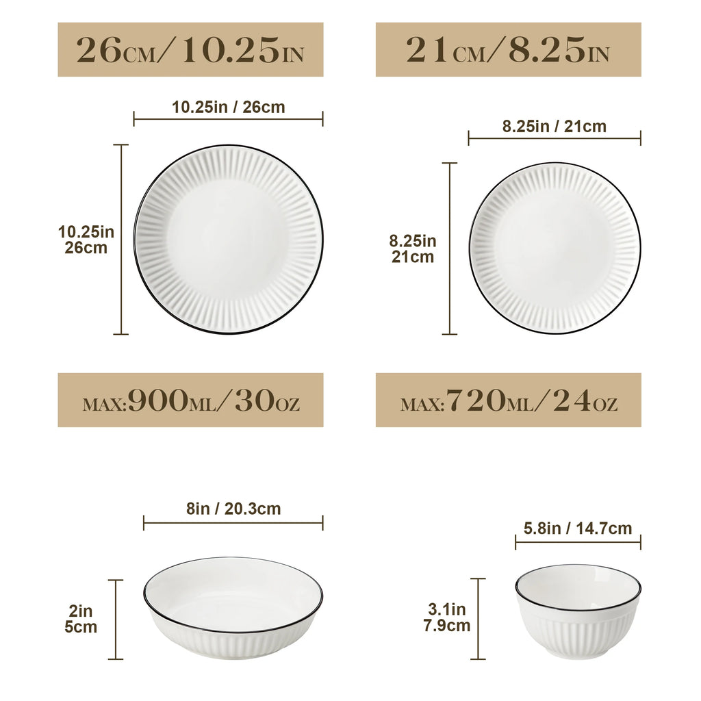MALACASA LEILA Porcelain Dinnerware Set – White or White with Black Rim, 12–32 Pieces