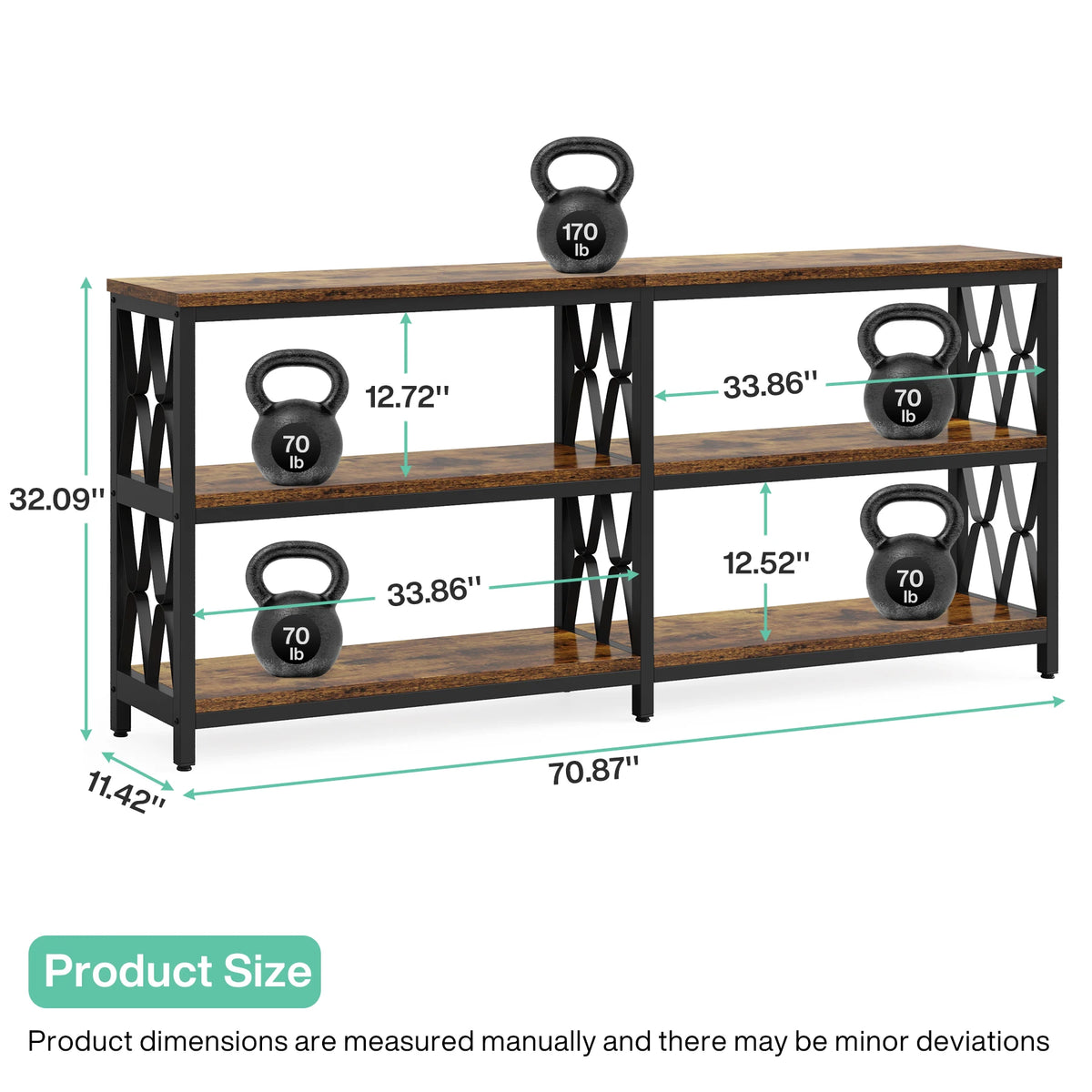 Balladcharm 70.87-inch shelf dimension graphic with top and section weight limits