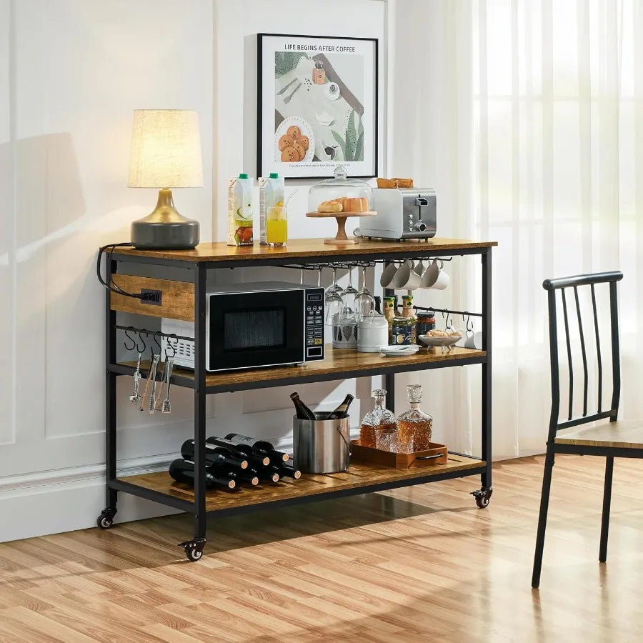 Rustic brown rolling kitchen cart with open shelves, hanging glasses and side utensil hooks