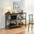 Rustic brown rolling kitchen cart with open shelves, hanging glasses and side utensil hooks