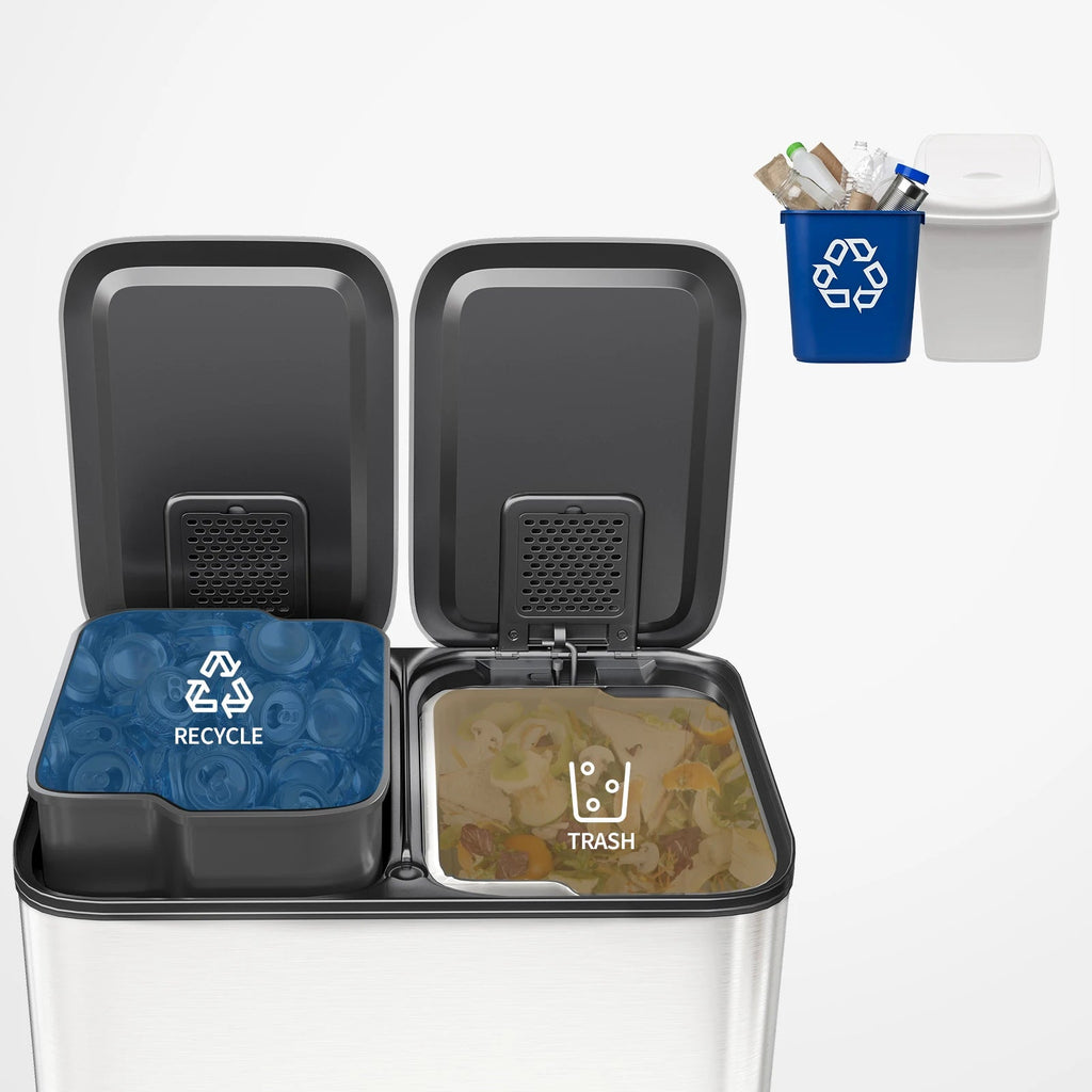 A compact dual-compartment trash and recycling bin with two lids, shown open on a light gray background. The left compartment has a blue recycling liner labeled 'RECYCLE,' and the right compartment has a trash liner labeled 'TRASH.