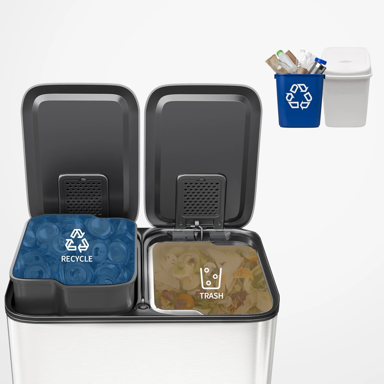 A compact dual-compartment trash and recycling bin with two lids, shown open on a light gray background. The left compartment has a blue recycling liner labeled 'RECYCLE,' and the right compartment has a trash liner labeled 'TRASH.