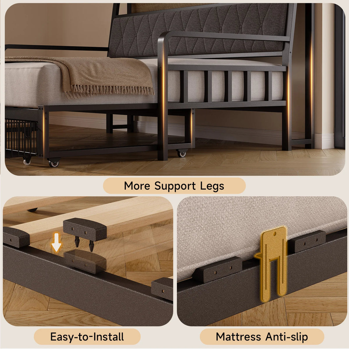 Chimeline Black support-leg, slat-installation and mattress-retainer details.