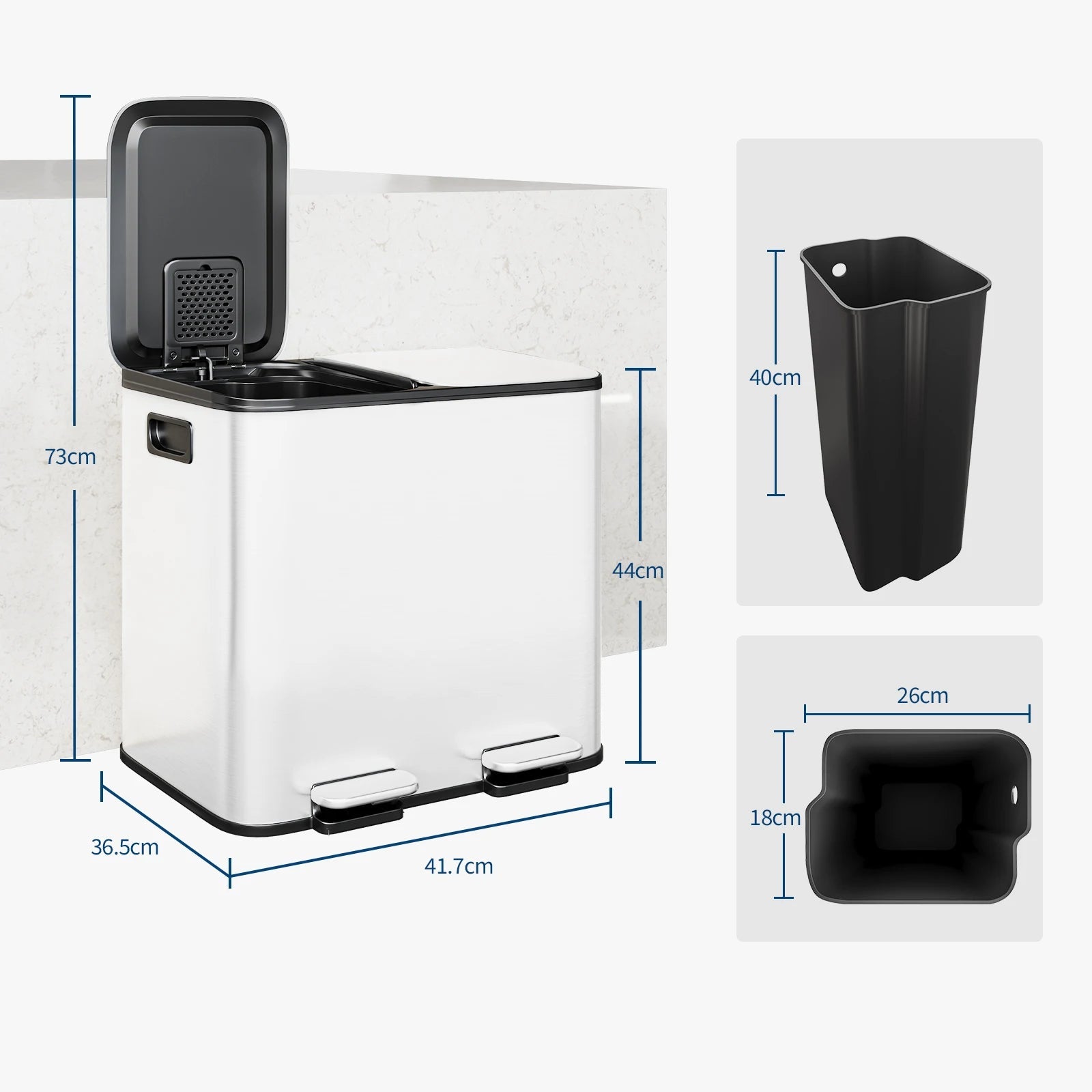 Mulleimer (trash bin) with dimensions and features on a white background