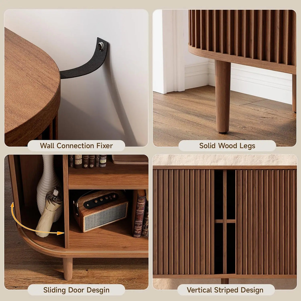Liltcrest wall-attachment strap, solid-wood leg and sliding-door details