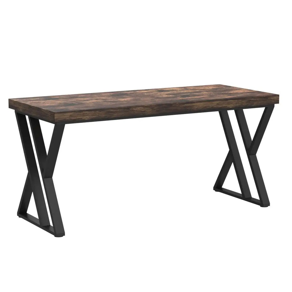 Wooden table with black metal legs on a white background