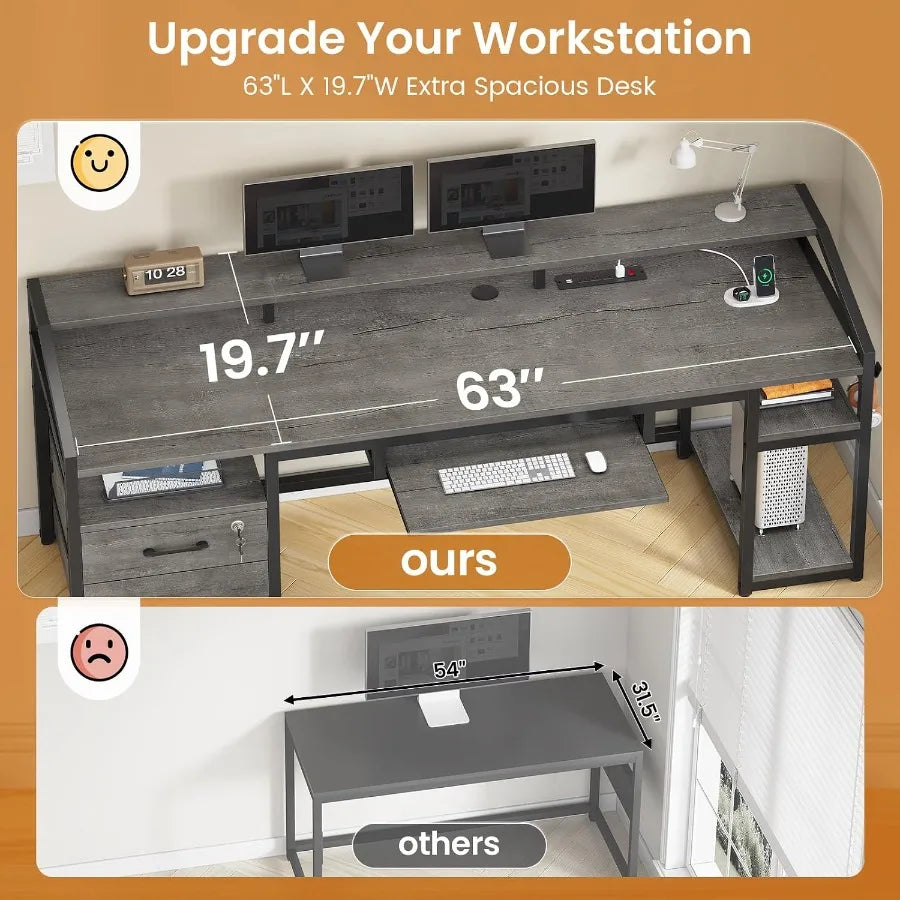 Gray desktop measurement graphic with a two-monitor setup above a slide-out keyboard tray.