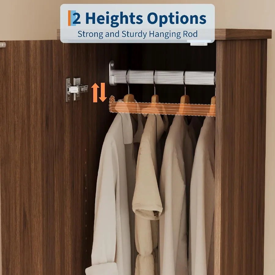 Two-position hanging-rod adjustment diagram inside the brown wood-look wardrobe.