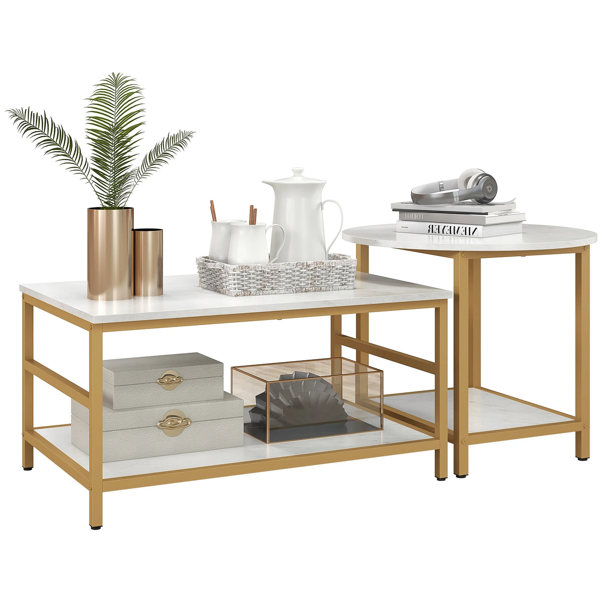 Gildmere two-table set with white faux-marble surfaces, gold-tone frames and lower shelves