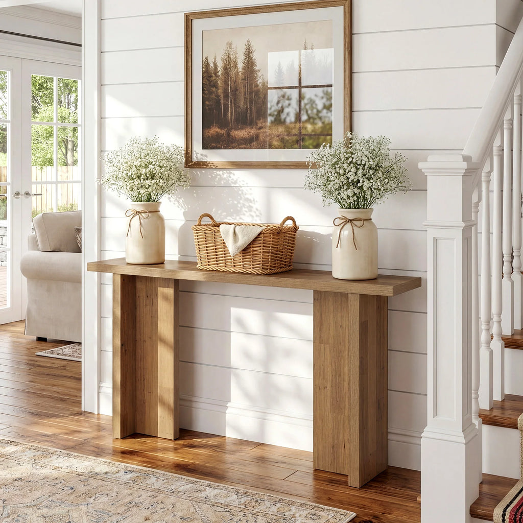 Angled view of Harmonysong console table with two flower vases and a basket staged on the rectangular top.