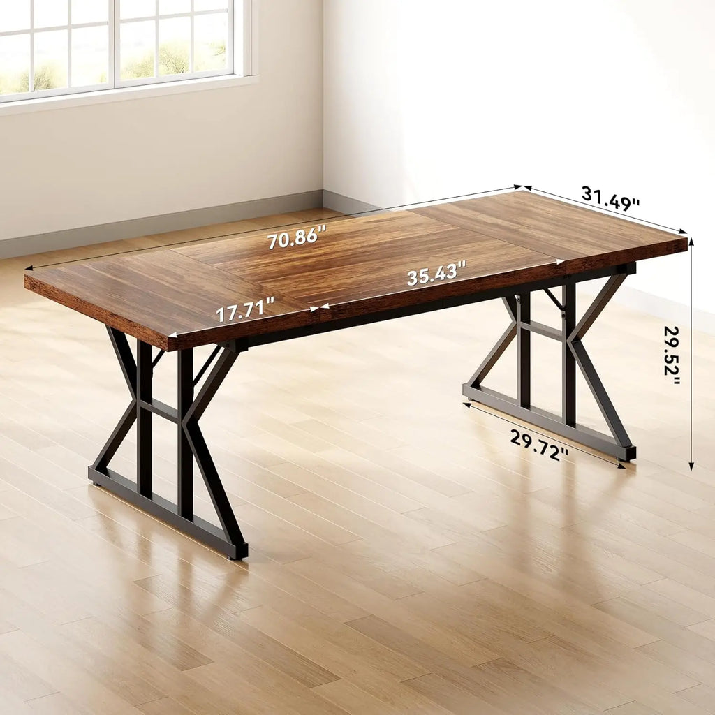Wooden table with metal legs and dimensions labeled in a room with a window.