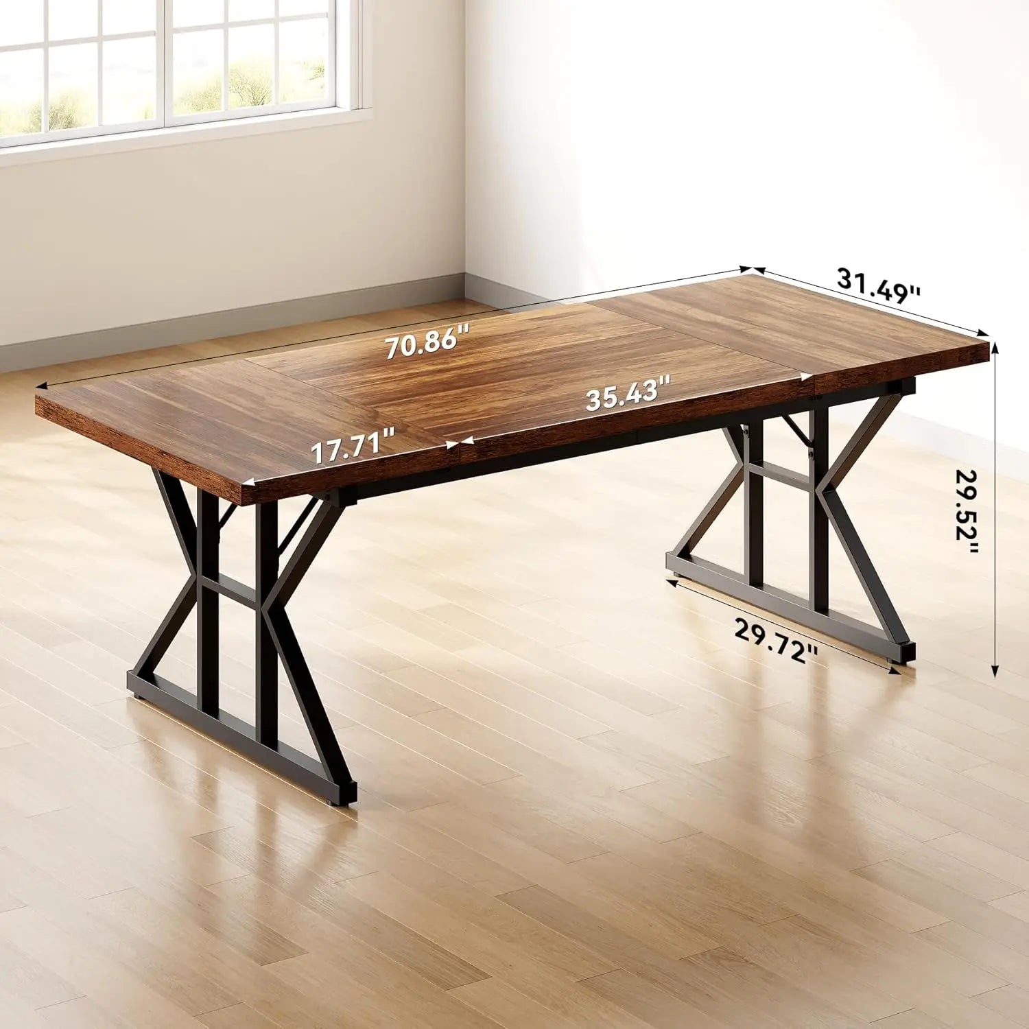 Wooden table with metal legs and dimensions labeled in a room with a window.