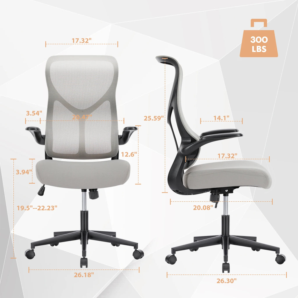 Gray office chair with black accents and measurements on a white background