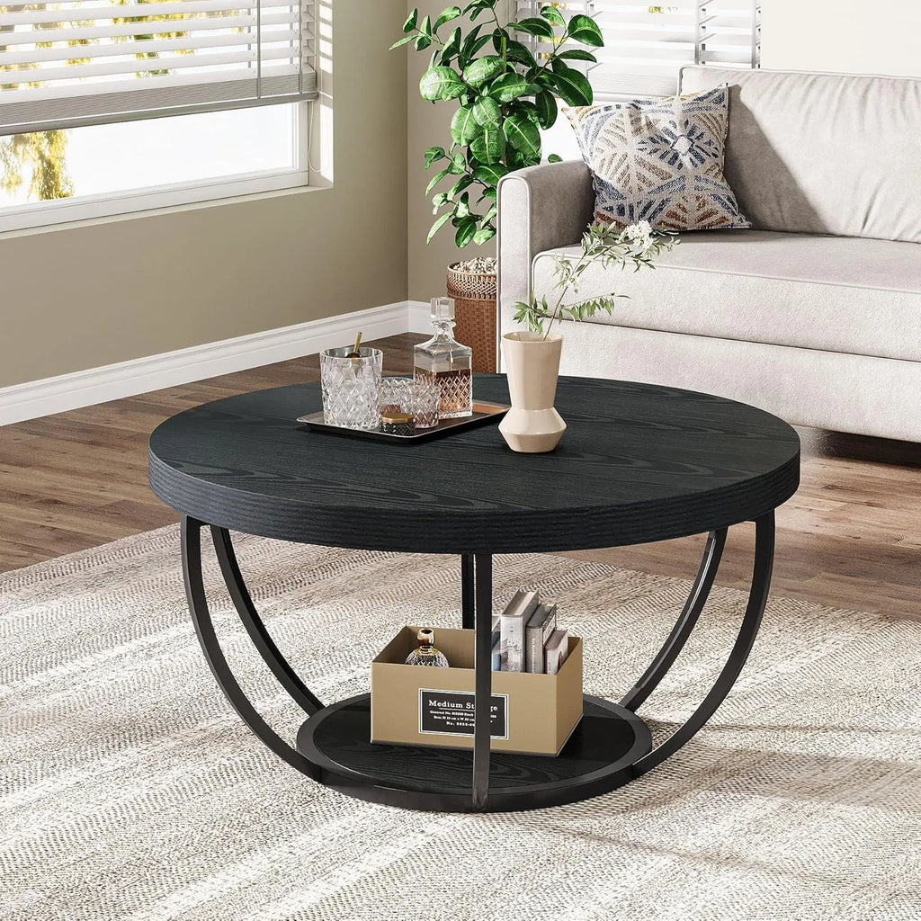Black Round Coffee Table with Sculptural Frame