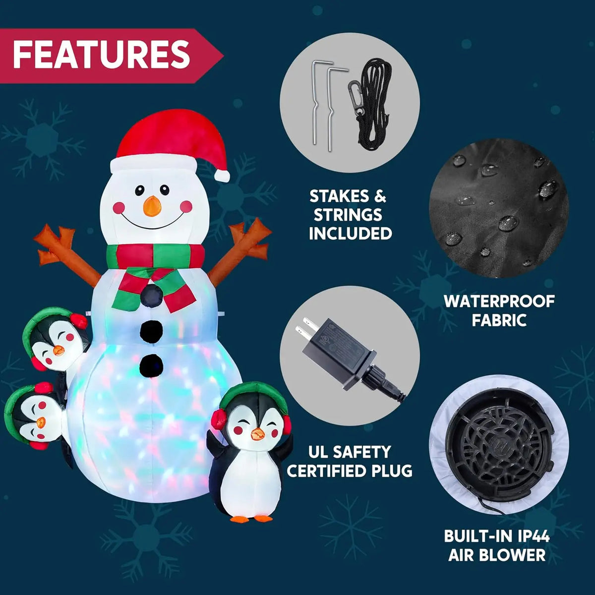 Snowlisse: Snowman inflatable with ground stakes, tether strings, plug-in adapter and built-in air blower details