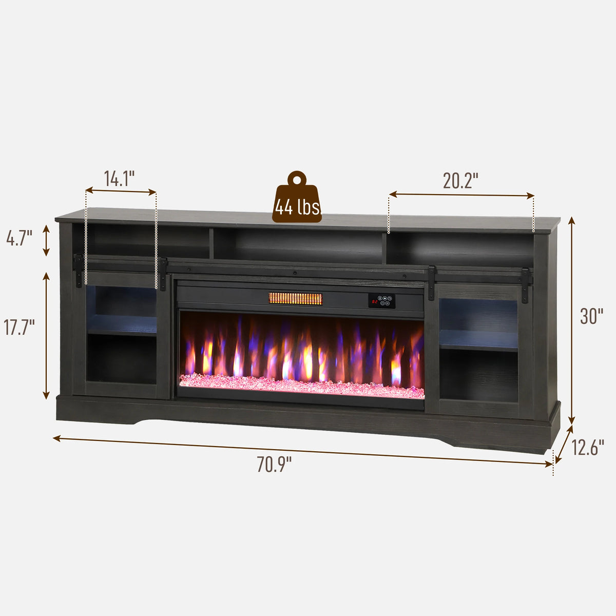 Threadveil dimension diagram showing 70.9-inch width, 12.6-inch depth, 30-inch height and a tabletop limit of 44 lbs.
