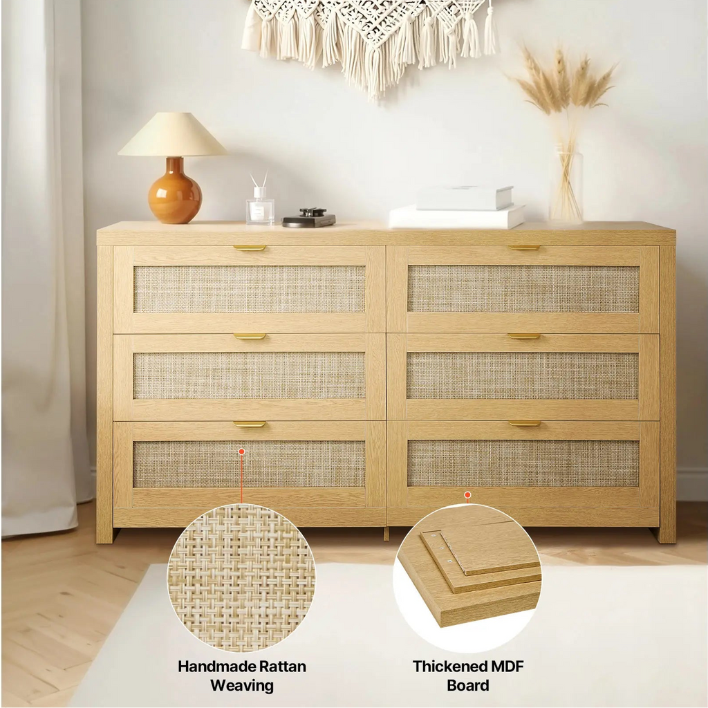 Moonlitveil rattan dresser material detail showing woven rattan and MDF construction