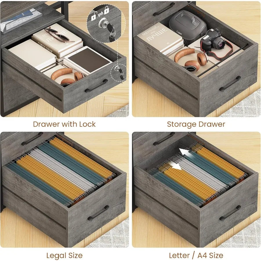 Drawer feature collage showing a keyed upper drawer and adjustable hanging-file arrangement below.