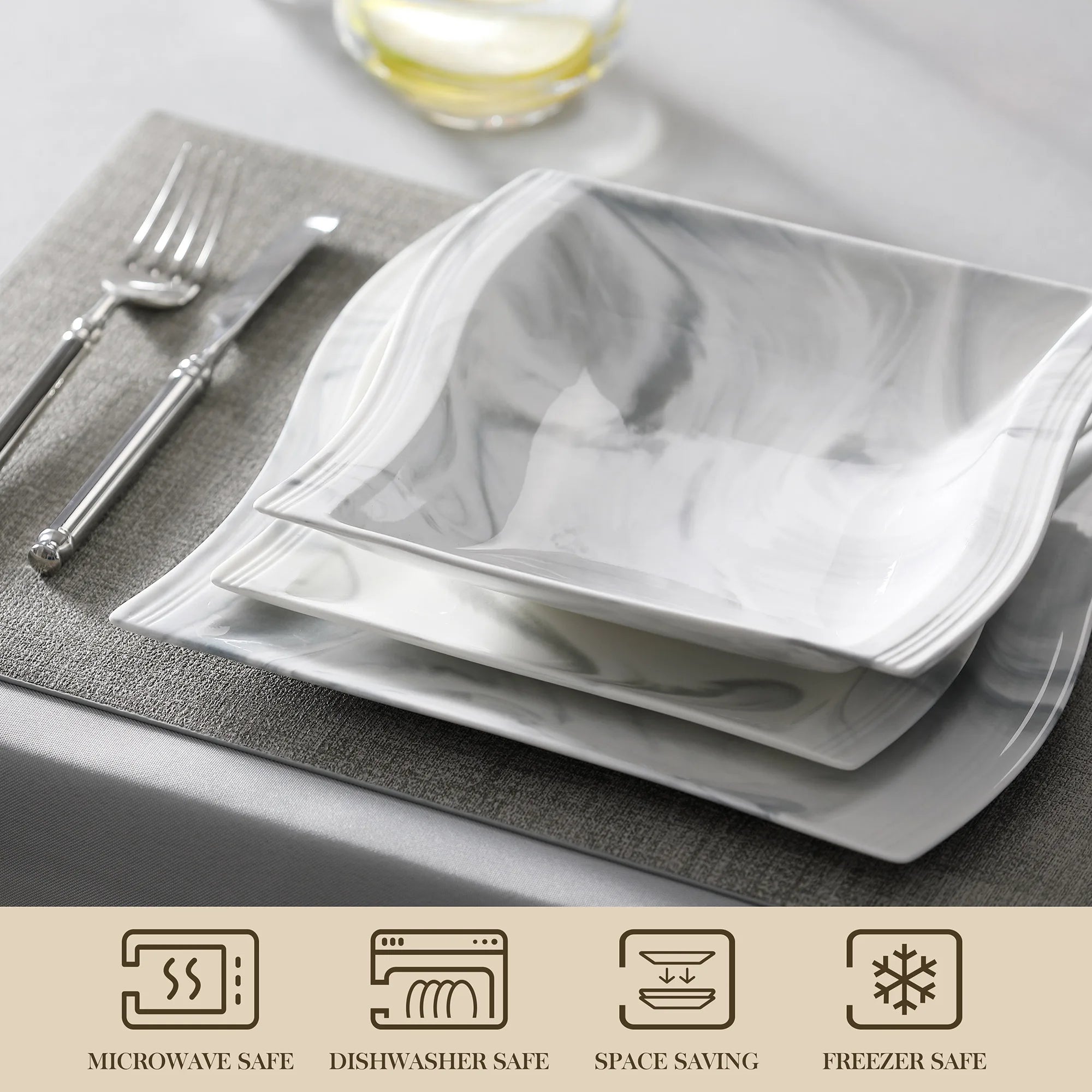 MALACASA Flora Gray & White Marble Porcelain Dinnerware Set – 30/60 Pieces