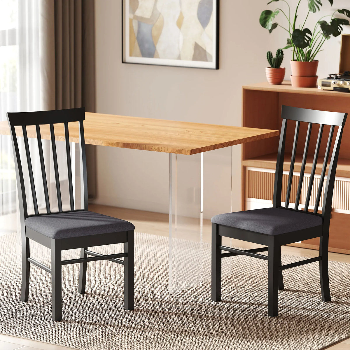 Two Novacrest black and gray chairs beside a rectangular dining table