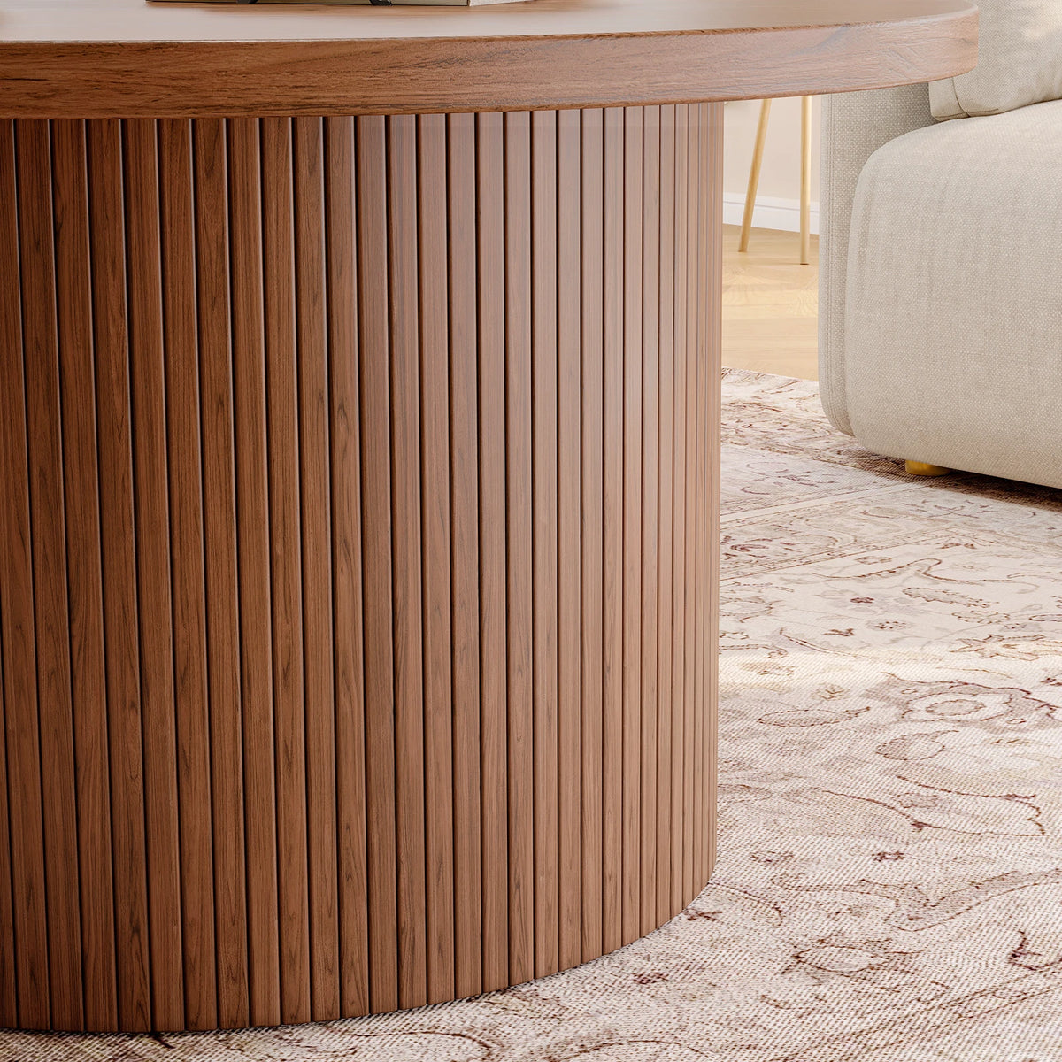 Close-up of Daydreamarc's vertical fluting and walnut wood-grain finish