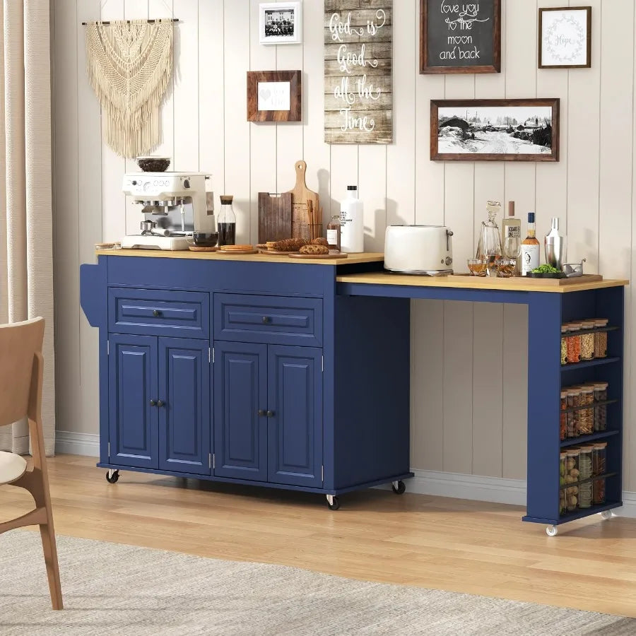 Blue storage island with extended tabletop staged along a kitchen wall