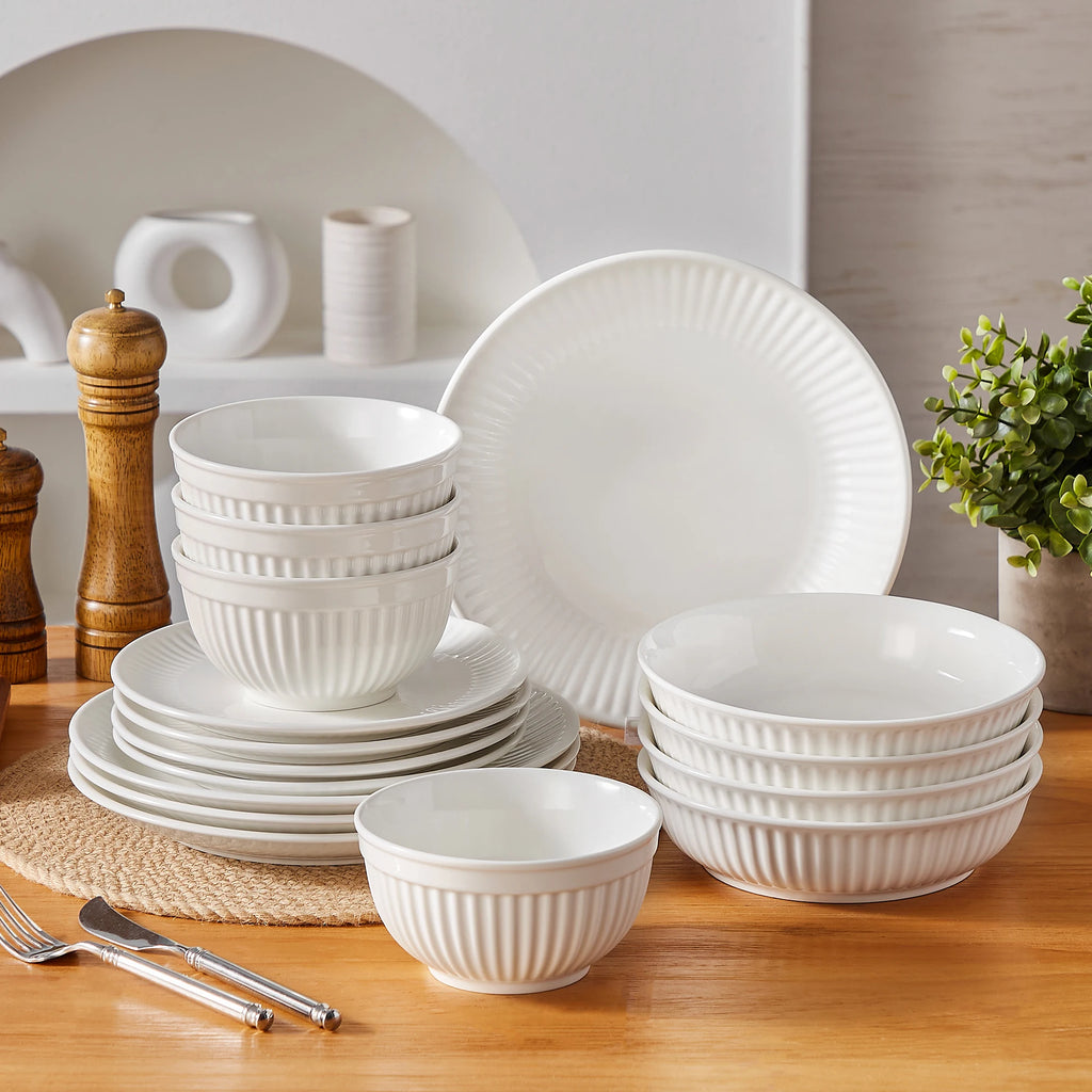 MALACASA LEILA Porcelain Dinnerware Set – White or White with Black Rim, 12–32 Pieces
