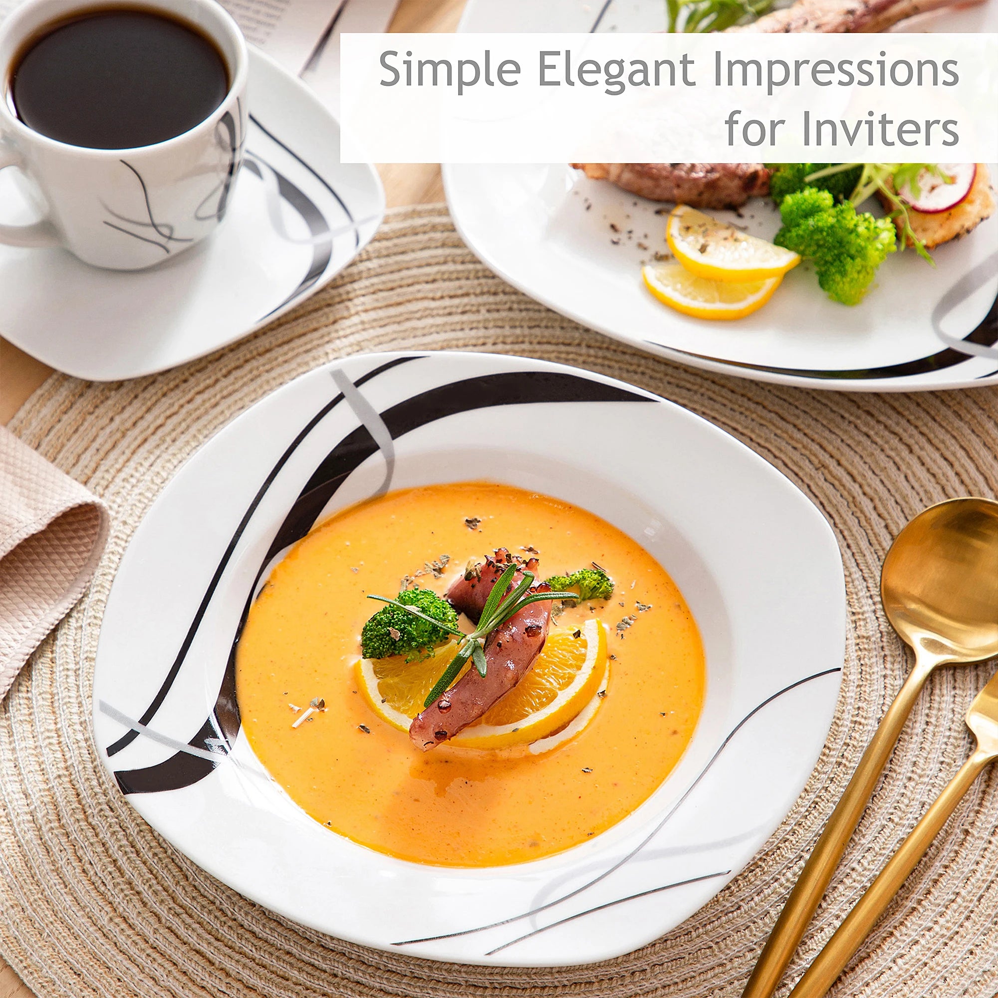 VEWEET Fiona Porcelain Dinnerware Set – 30/60 Pieces, Gray & Black Lines